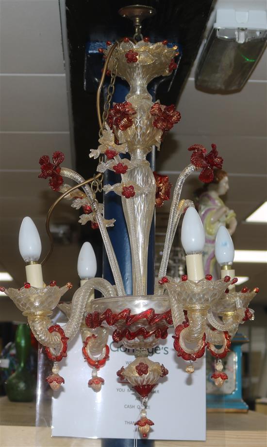 A Venetian clear and red glass four branch chandelier, c.1900, H.2ft 2in.